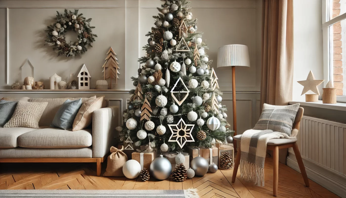 Brad de Crăciun decorat în stil scandinav, cu ornamente din lemn și globuri albe mate