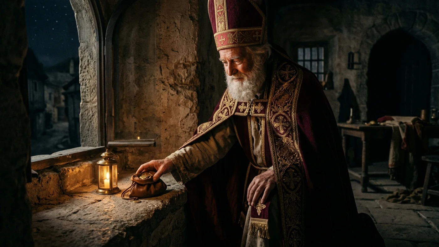 Sfântul Nicolae, în veșminte de episcop, lăsând noaptea o pungă cu bani pe pervazul unei ferestre de piatră, lângă un felinar aprins