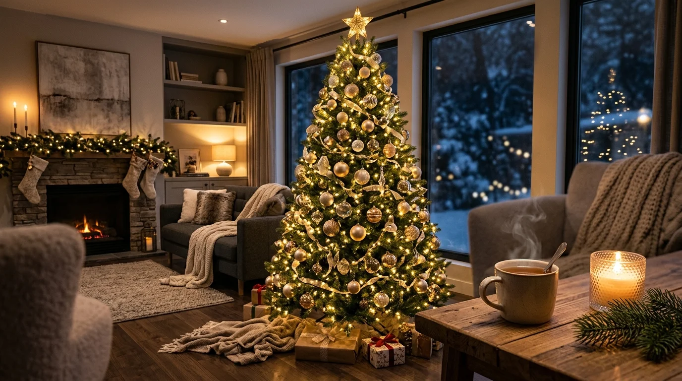 Brad artificial de lux decorat în living pentru o seară de film de Crăciun