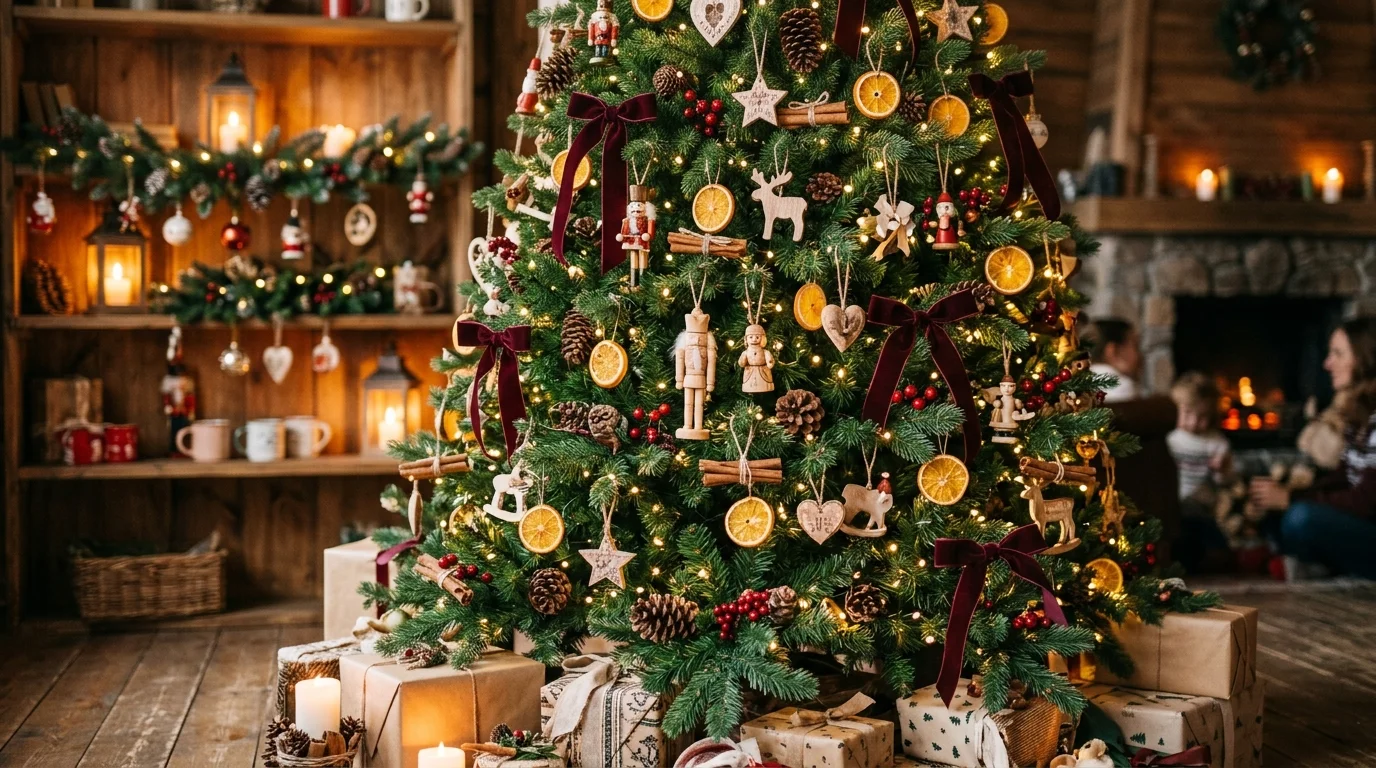 Brad artificial de lux încărcat cu decorațiuni în stilul marilor târguri de Crăciun