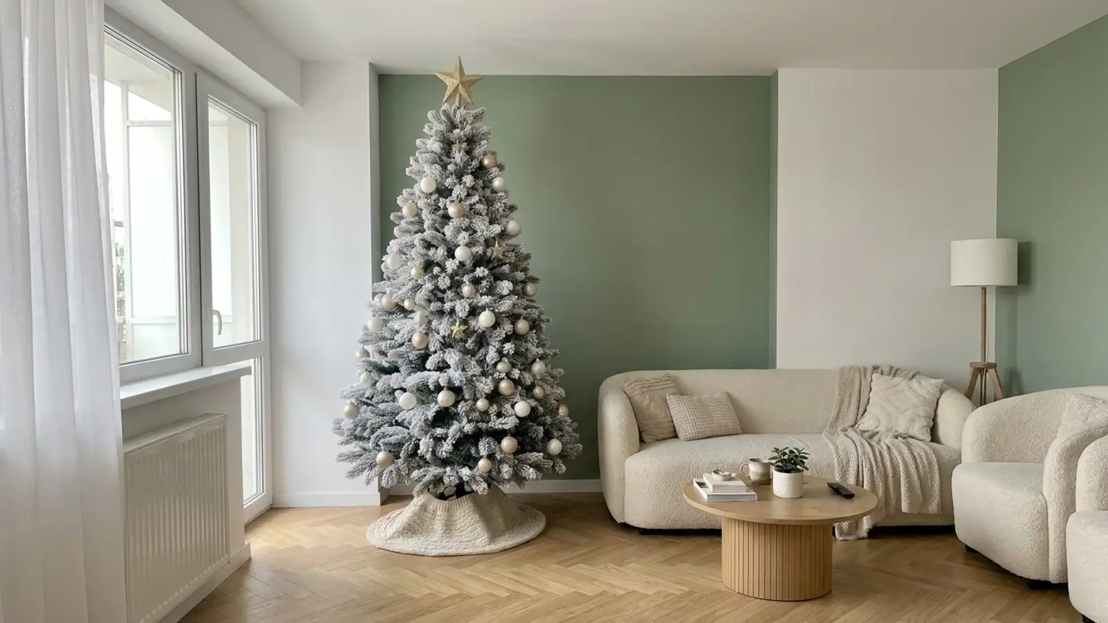 Brad artificial nins Alaska Snow de 230 cm, decorat rar cu globuri albe și aurii șampanie, fără lumini, în fața unui perete verde-salvie, lângă o canapea crem