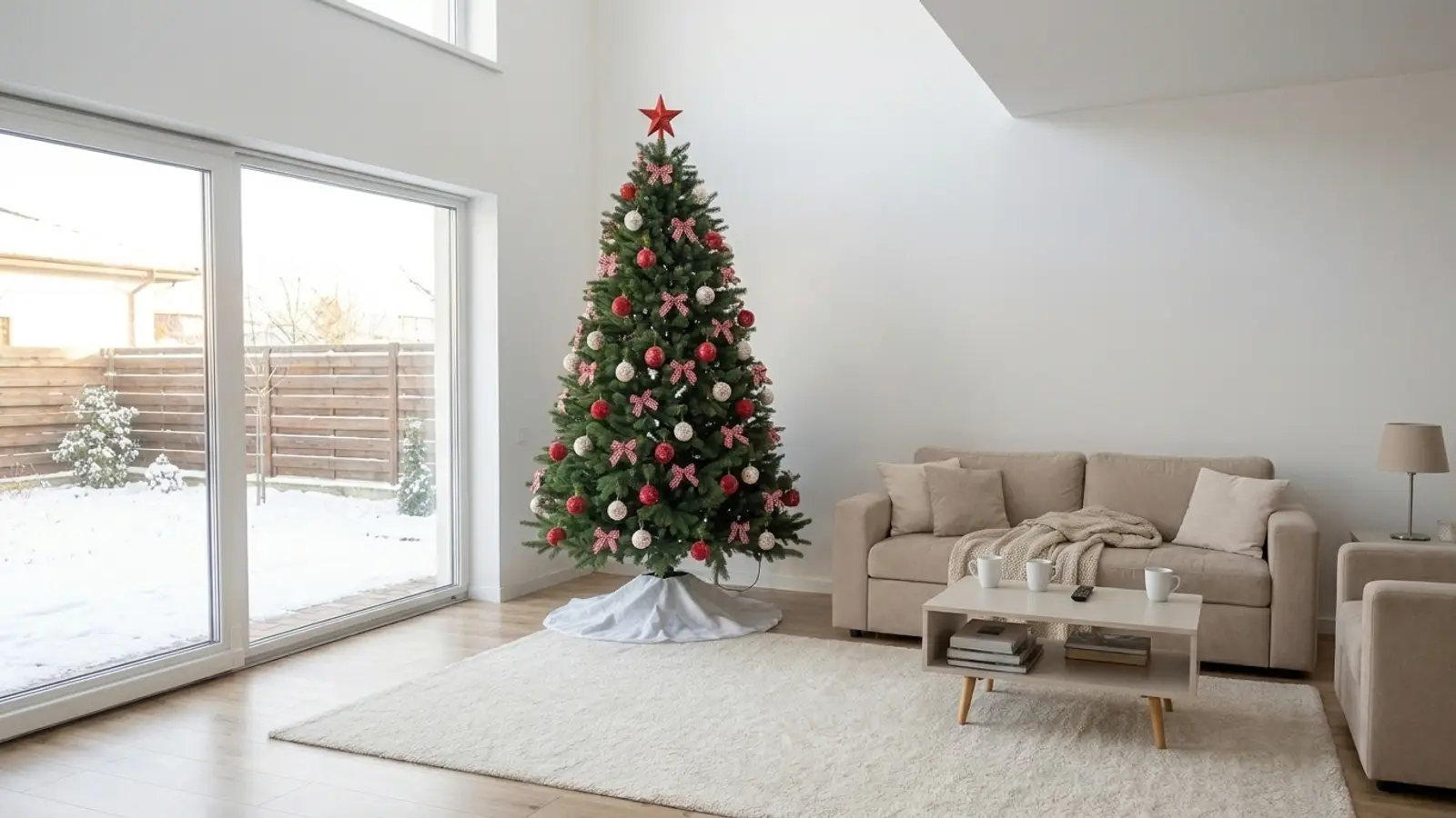 Brad artificial Siberian Green de 250 cm, împodobit cu globuri roșii și albe cu fulgi de nea și fundițe în carouri, fără lumini, lângă ușa glisantă spre o curte înzăpezită