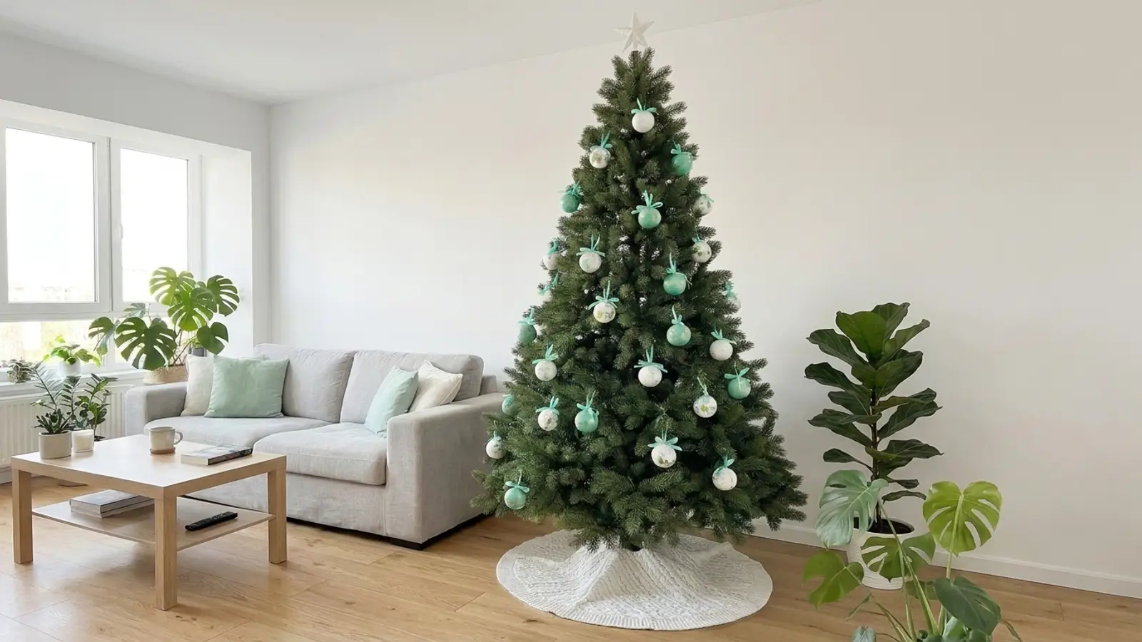 Brad artificial Royal Pine de 230 cm, decorat rar cu globuri albe și verde-mentă legate cu funde, fără lumini, într-un living luminos cu parchet deschis și multe plante