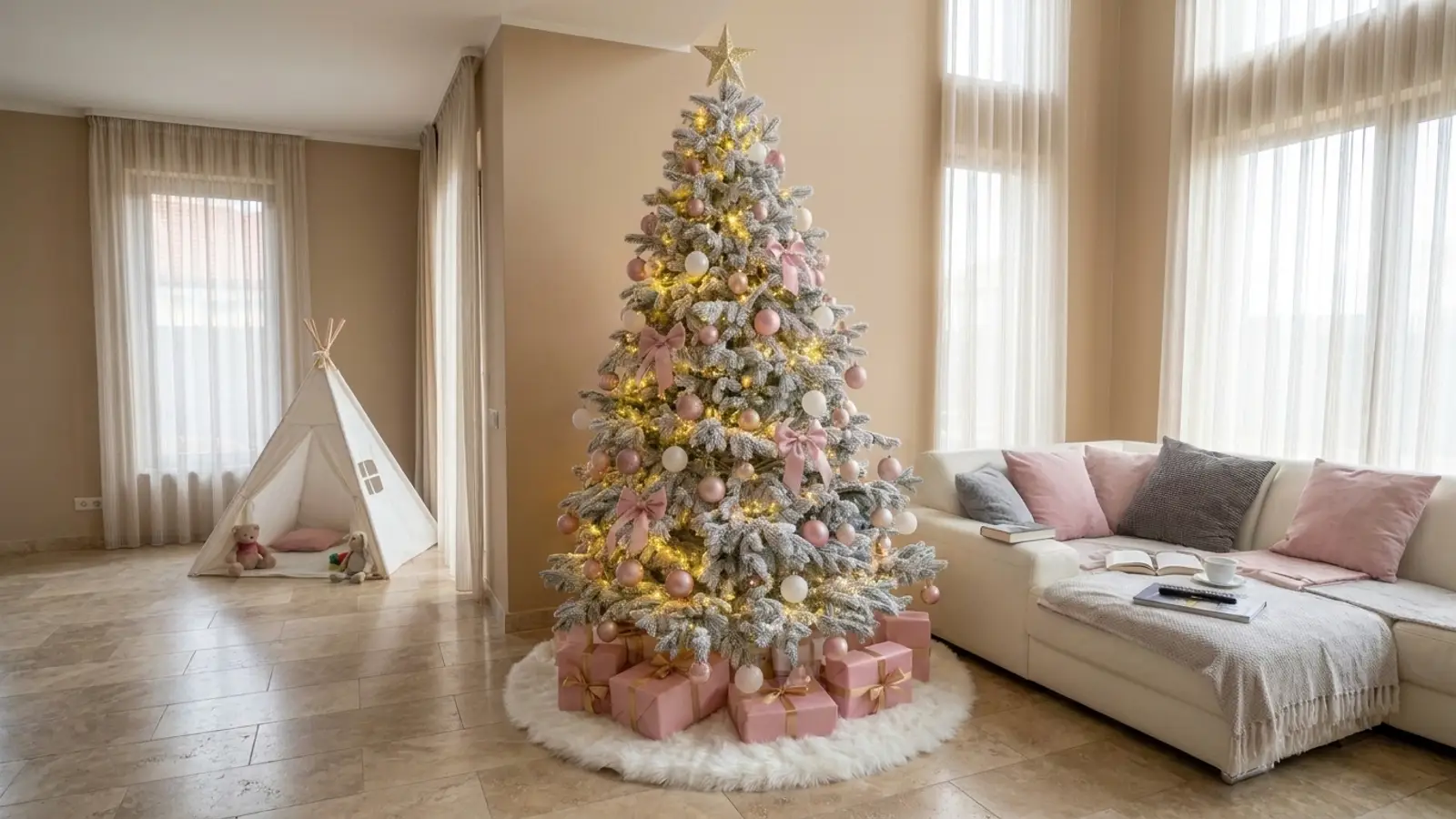 Brad artificial nins Happy Forest Snow de 230 cm, împodobit bogat cu globuri roz pudrat și albe, funde din satin roz și lumini calde, cu cadouri în hârtie roz, într-un living cu gresie bej
