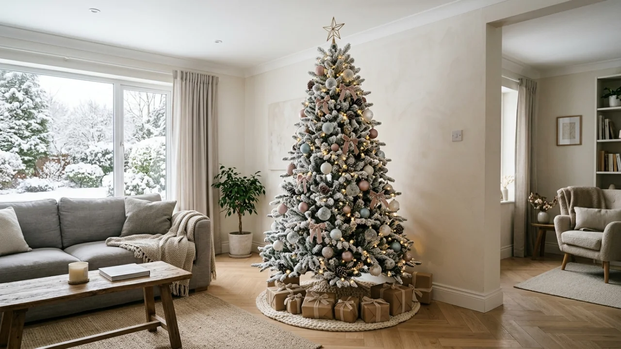 Brad artificial nins Siberian Snow decorat cu globuri pastelate sticlă sablată și fundițe delicate