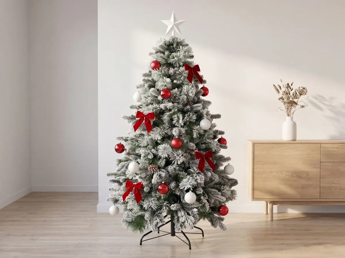 Brad artificial nins cu conuri, decorat cu globuri roșii și albe și funde roșii, în living scandinav cu pereți albi