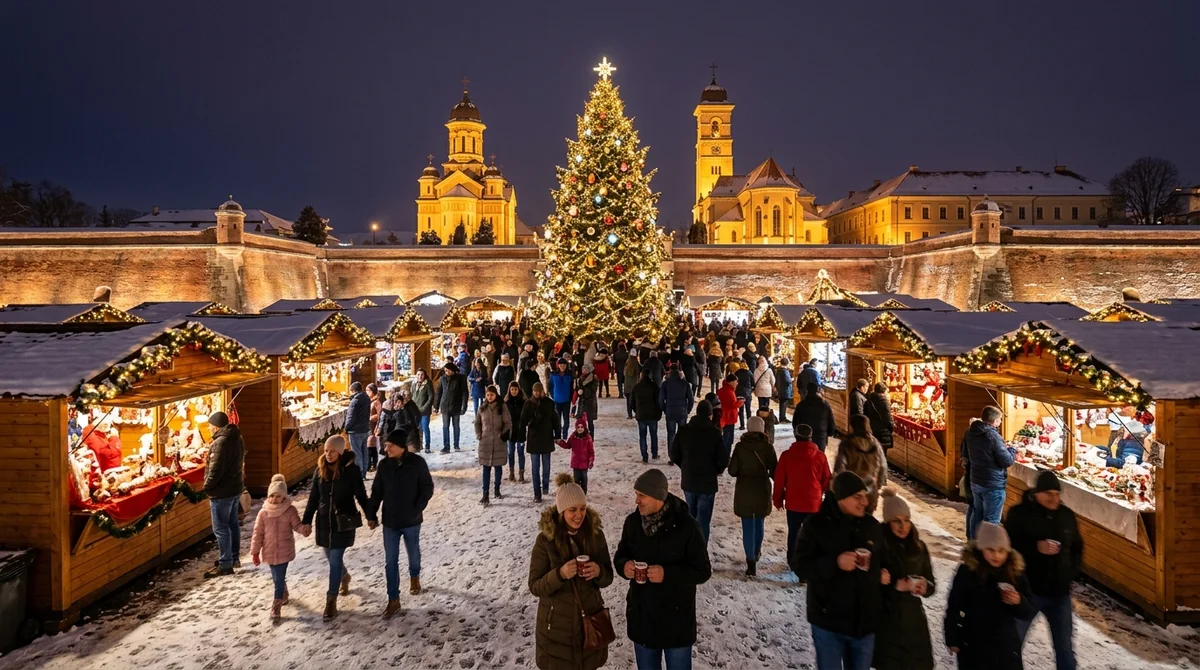 Târgul de Crăciun din Alba Iulia - Cetatea Alba Carolina iluminată festiv noaptea cu brad uriaș, patinoar și căsuțe de lemn