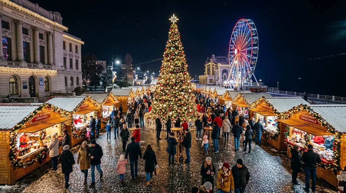 Târgul de Crăciun din Constanța - Piața Ovidiu și Parcul Arheologic noaptea cu brad festiv și luminițe