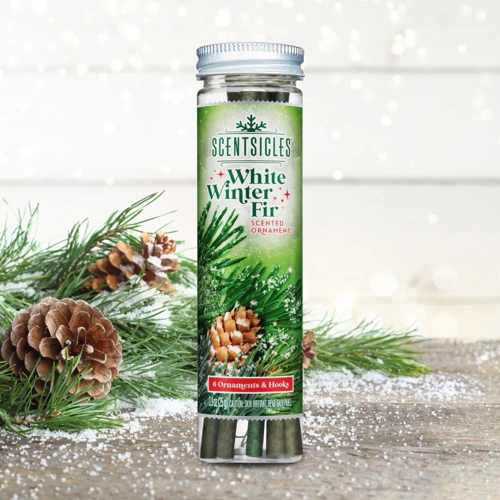 Odorizant pentru Brad de Crăciun Scentsicles White Winter Fir, Miros de Brad, 6 Bețișoare cu Cârlige
